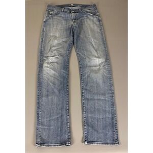 7 For All Mankind‎ Slimmy Jeans Mens Size 33x34 Blue Distressed Denim Light Wash